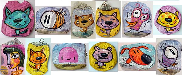Charles Kaufman "Crushed Can Art" Original paintings on recycled & upcycled beverage cans.