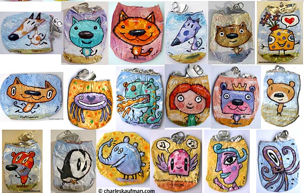 Charles Kaufman "Crushed Can Art" Original paintings on recycled & upcycled beverage cans.