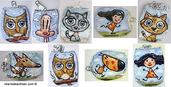 Charles Kaufman "Crushed Can Art" Original paintings on recycled & upcycled beverage cans.